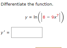 Differentiate the function. \[ y=\ln \left(\left|8-9 x^{7}\right|\right) \]