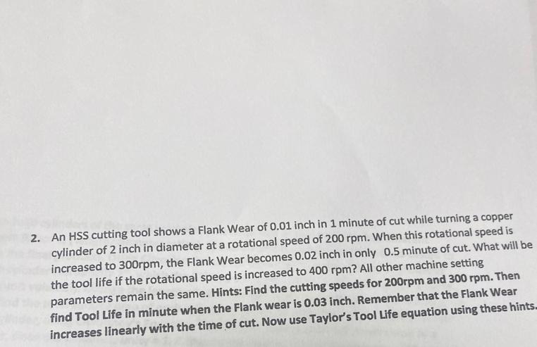 Solved An HSS cutting tool shows a Flank Wear of 0.01 ﻿inch | Chegg.com