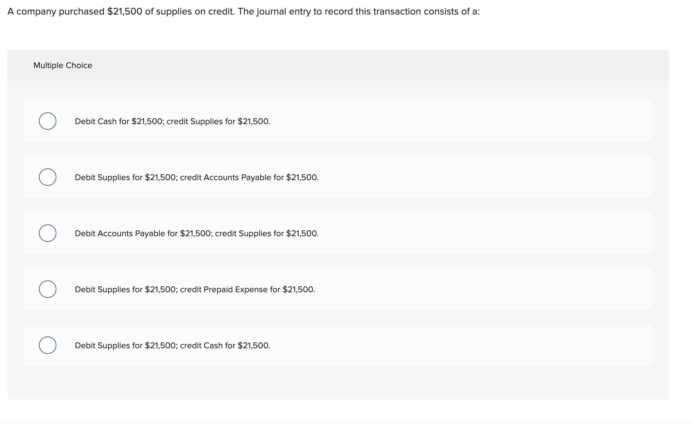 Solved A company purchased 21,500 ﻿of supplies on credit.