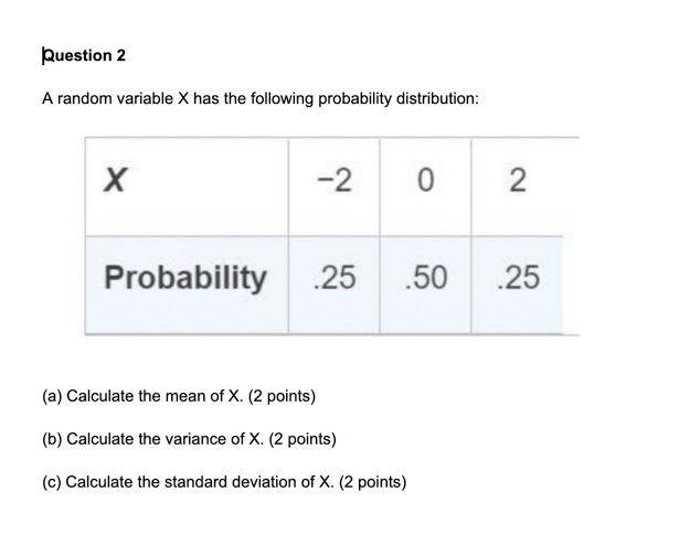 Solved Question 2 A random variable X has the following | Chegg.com