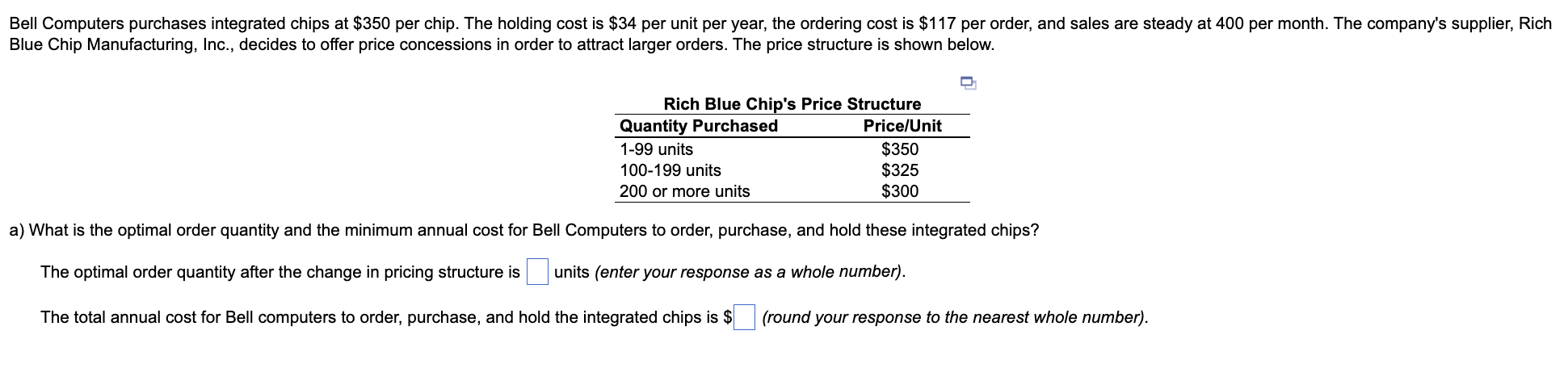 Solved Bell Computers purchases integrated chips at $350 per | Chegg.com