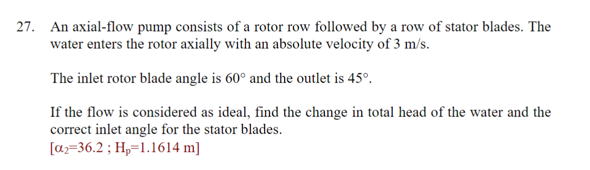 Solved An axial-flow pump consists of a rotor row followed | Chegg.com