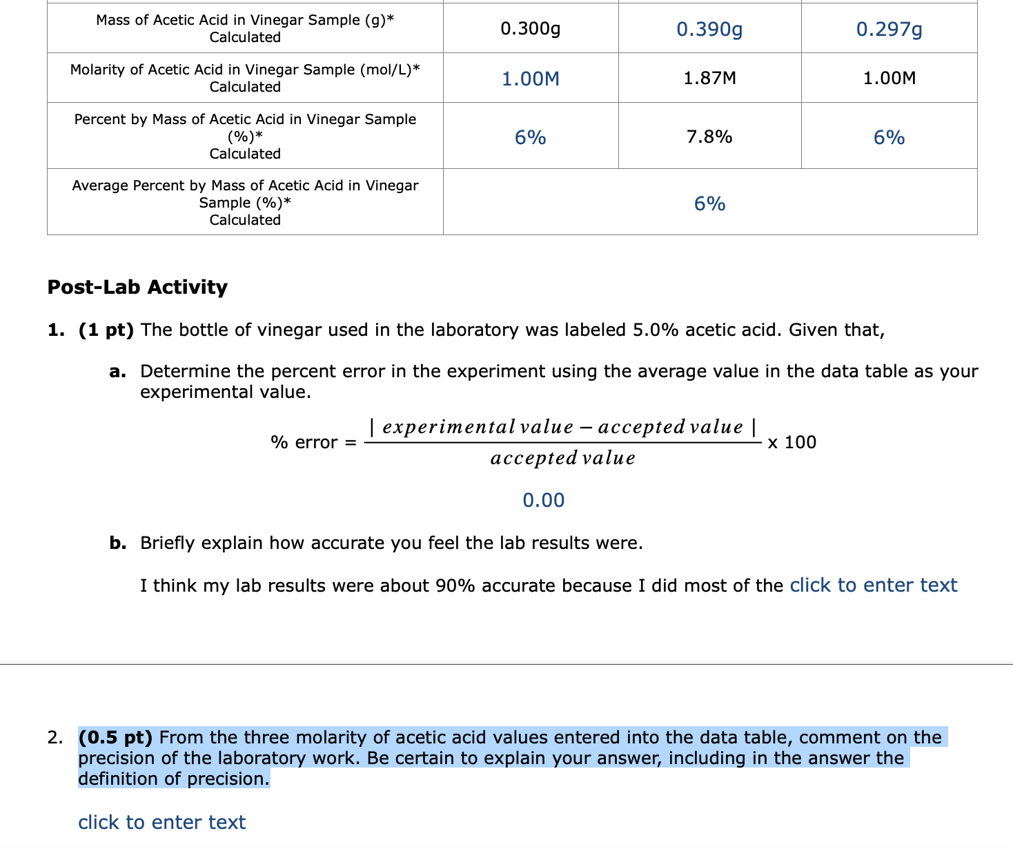 Solved Mass of Acetic Acid in Vinegar Sample (g)* Calculated