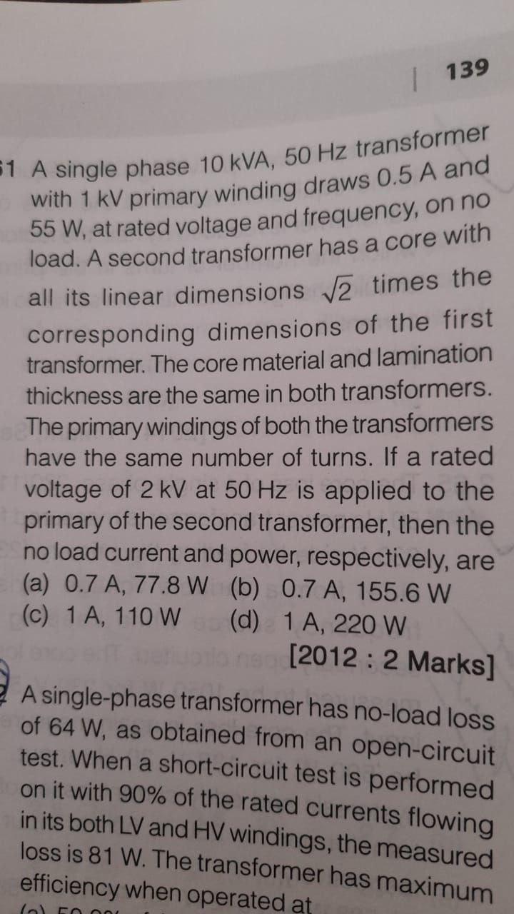 Solved | 139 1 A single phase 10 KVA, 50 Hz transformer with | Chegg.com