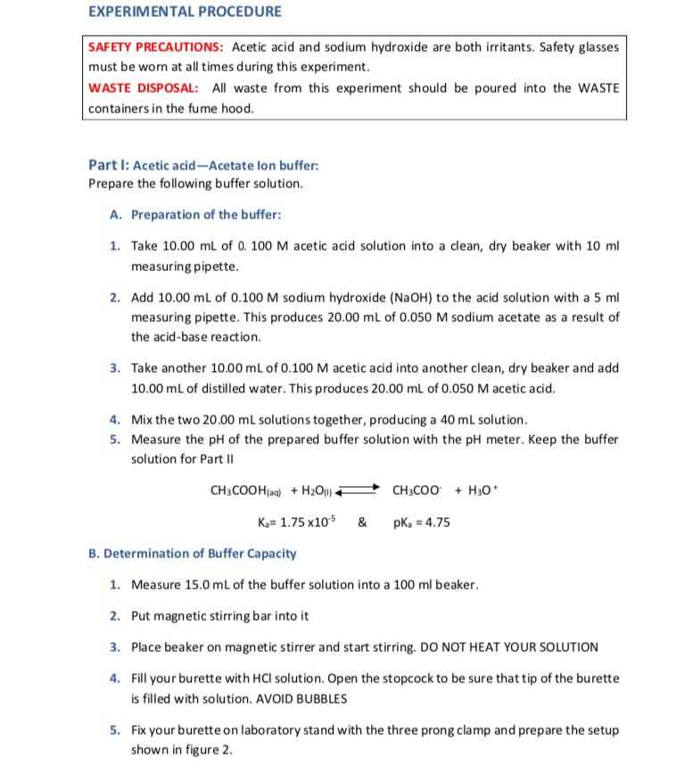 Solved EXPERIMENTAL PROCEDURE SAFETY PRECAUTIONS Acetic