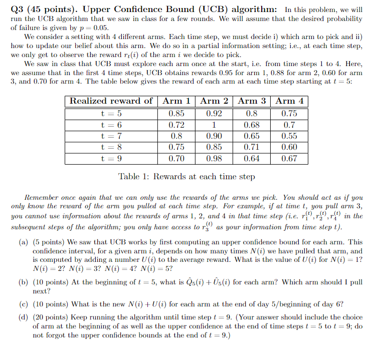Q3 (45 points). Upper Confidence Bound (UCB) | Chegg.com