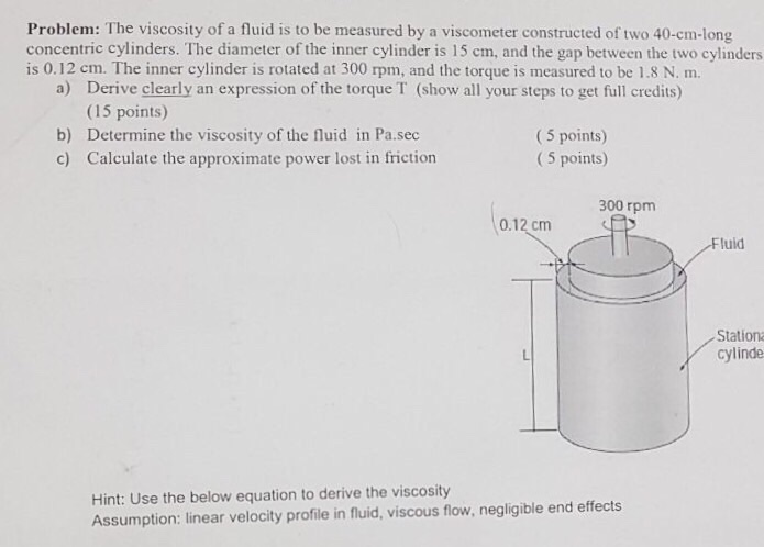 Solved Problem: The viscosity of a fluid is to be measured | Chegg.com