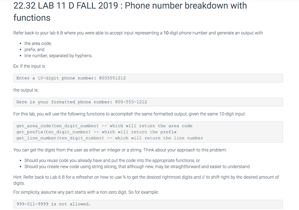 22 32 Lab 11 D Fall 19 Phone Number Breakdown W Chegg Com