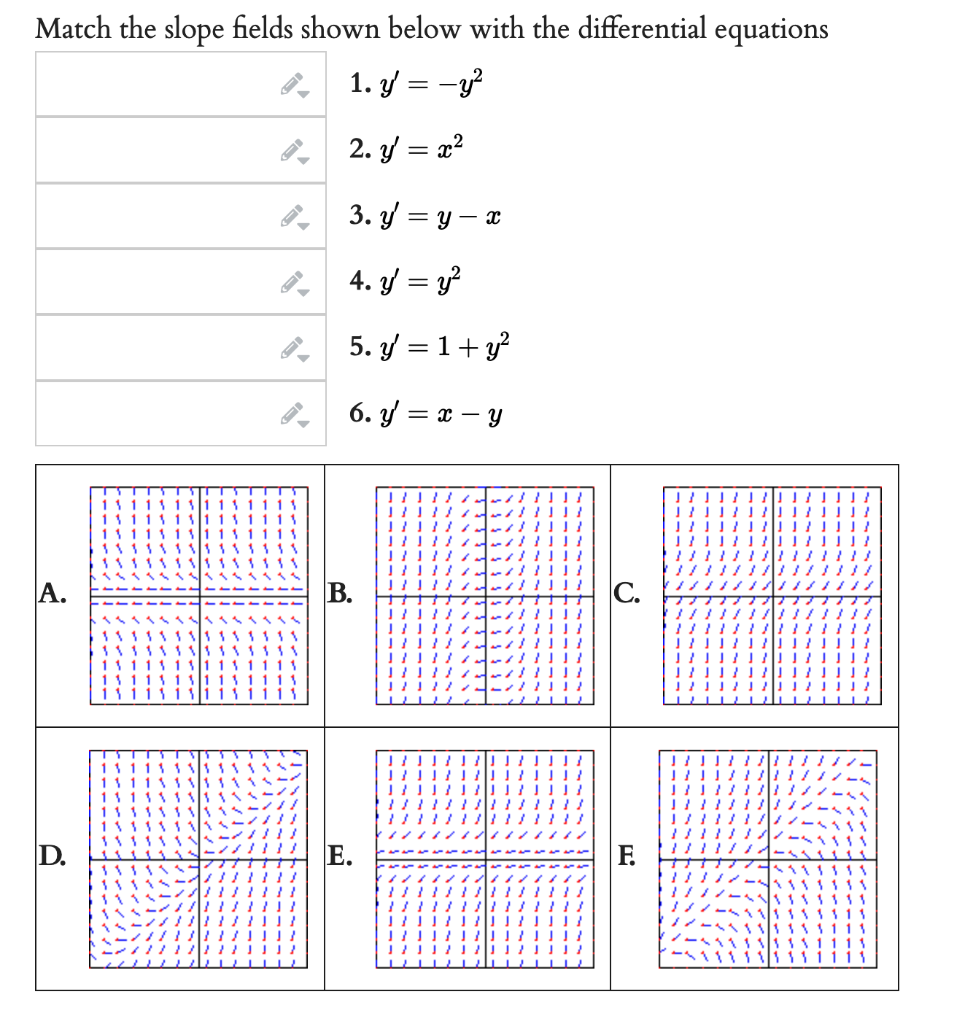 Match the slope fields shown below with the differential equations 1. \( y^{\prime}=-y^{2} \) 2. \( y^{\prime}=x^{2} \) 3. \(