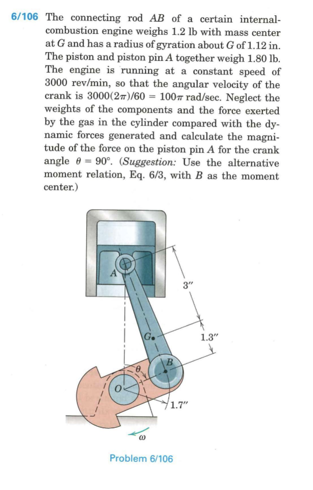 /106 The connecting rod \( A B \) of a certain internalcombustion engine weighs \( 1.2 \mathrm{lb} \) with mass center at \( 