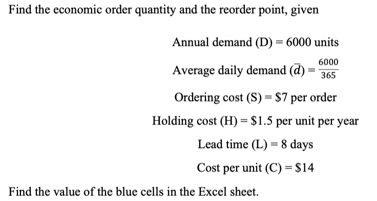 Solved Find the economic order quantity and the reorder | Chegg.com