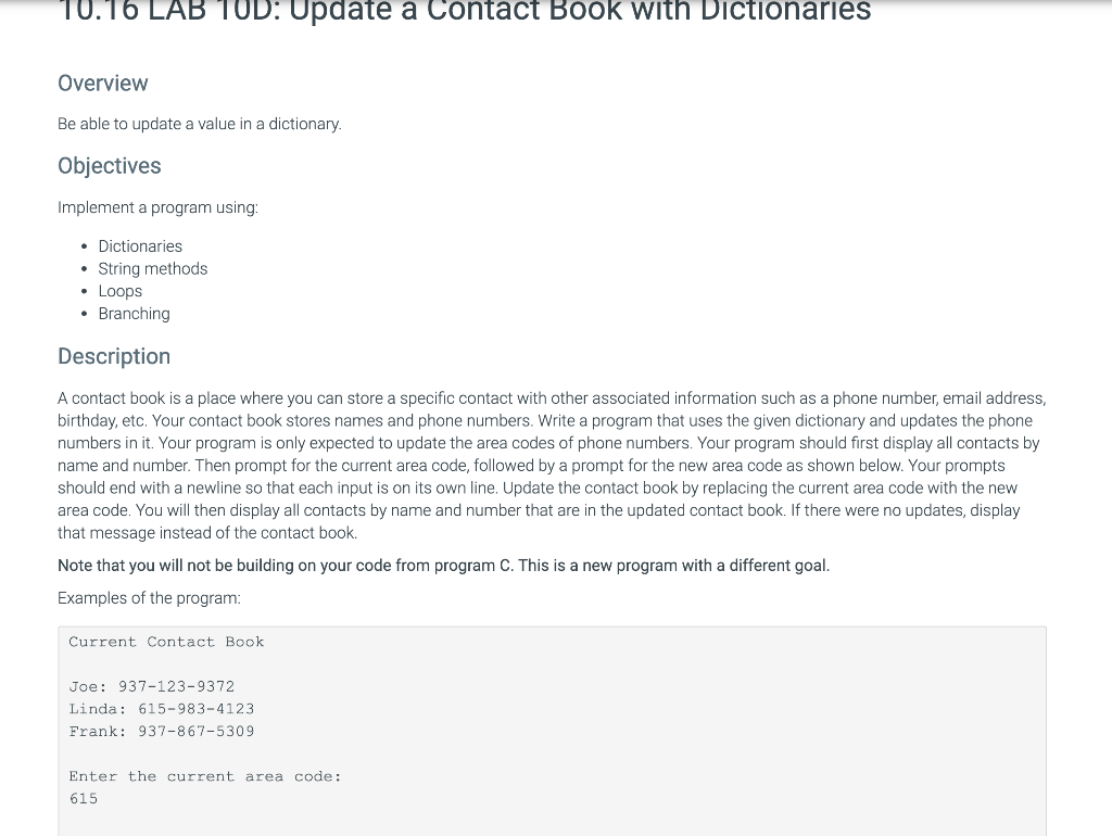 Solved 10.16 LAB TOD: Update a Contact Book with | Chegg.com