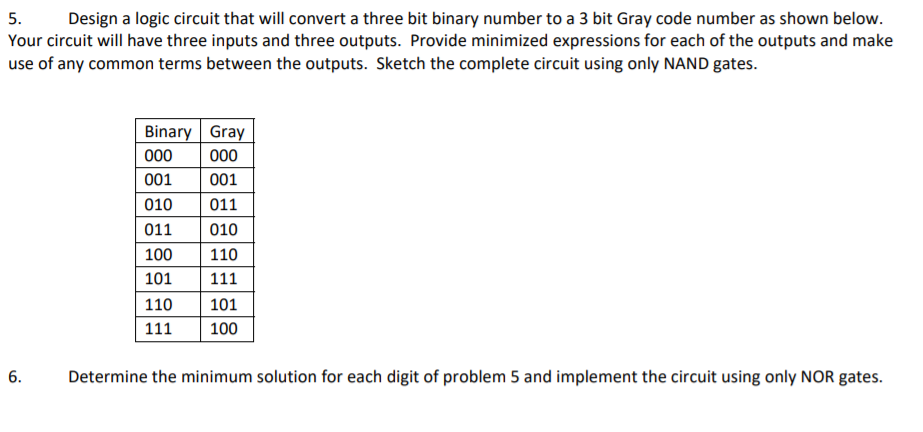 5. Design a logic circuit that will convert a three bit binary number to a 3 bit Gray code number as shown below. Your circui