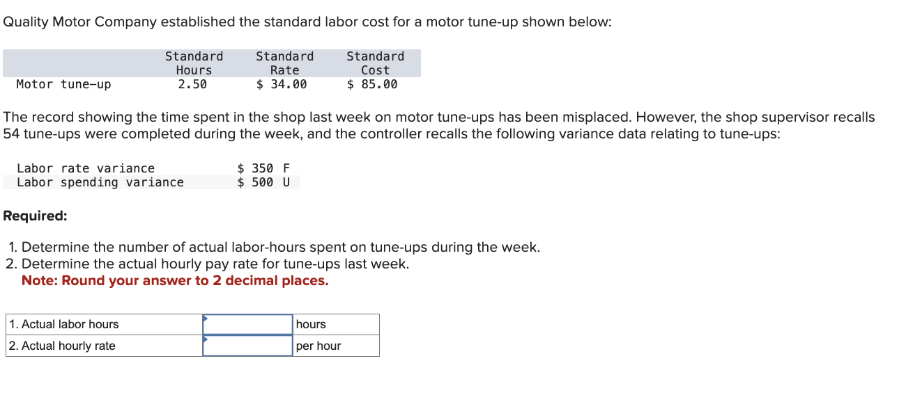 Solved Quality Motor Company established the standard labor | Chegg.com