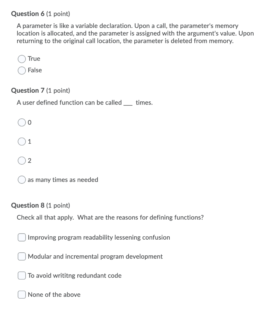 Solved Question 6 (1 point) A parameter is like a variable | Chegg.com