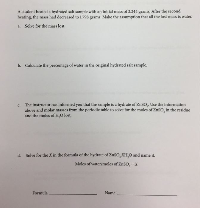 Solved A student heated a hydrated salt sample with an | Chegg.com