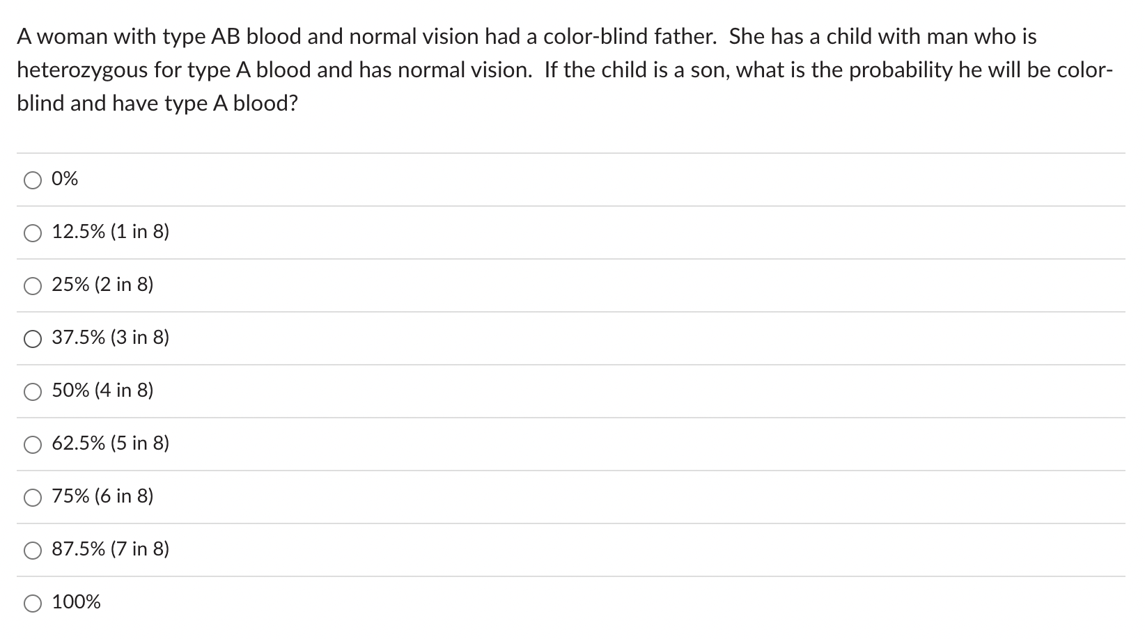 Solved A woman with type AB blood and normal vision had a | Chegg.com