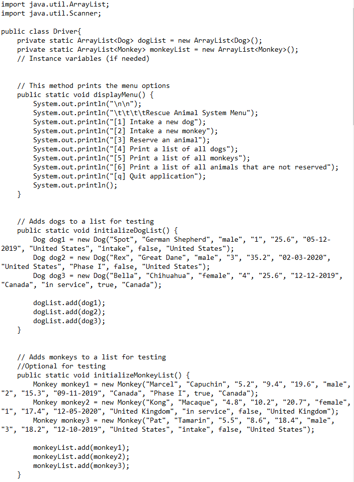 Complete reserveAnimal() and printAnimals() | Chegg.com