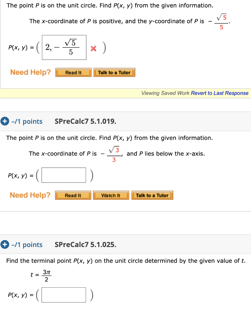 Solved The Point P Is On The Unit Circle. Find P(x, Y) From | Chegg.com