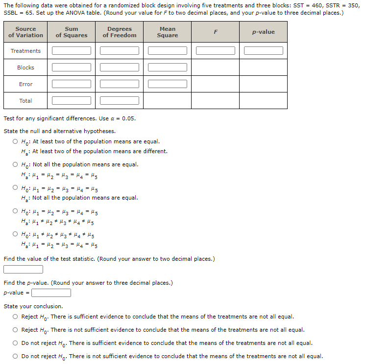 Solved The following data were obtained for a randomized | Chegg.com