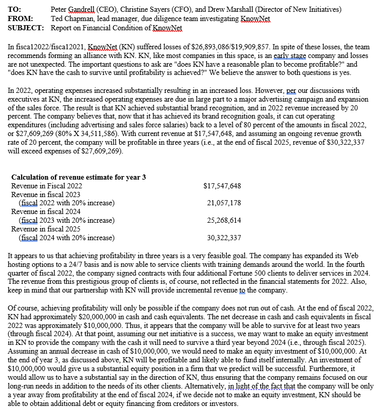 TO: Peter Gandrell (CEO), Christine Sayers (CFO), and Drew Marshall (Director of New Initiatives)
FROM: Ted Chapman, lead man