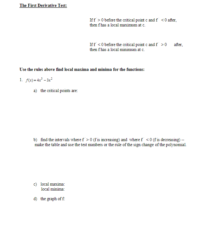 Solved The First Derivative Test: If f′>0 before the | Chegg.com