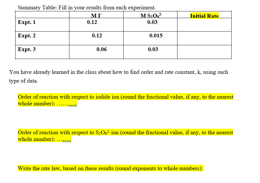 Solved The lodine Clock Reaction For a typical iodine clock