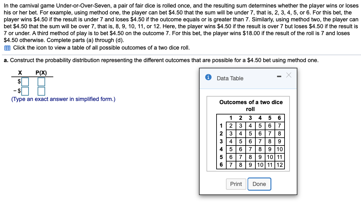 Solved In the carnival game Under-or-Over-Seven, a pair of | Chegg.com