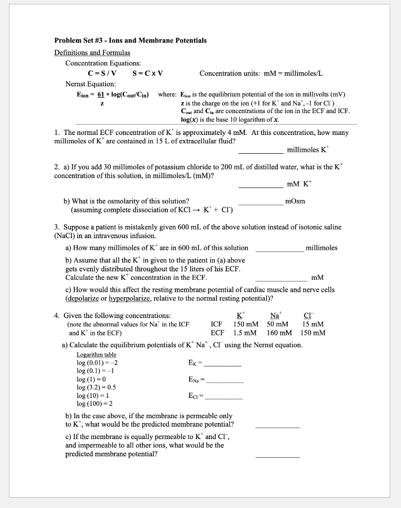 Solved Problem Set #3 - Ions and Membrane Potentials | Chegg.com