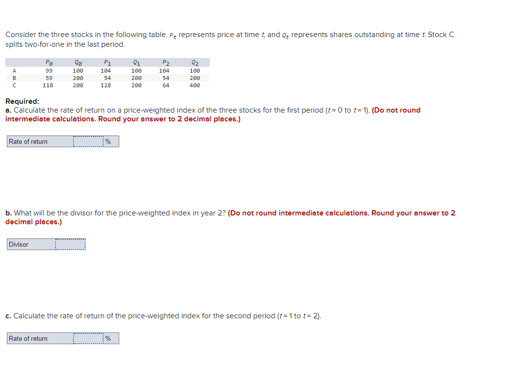 Solved Consider the three stocks in the following table. Pt | Chegg.com