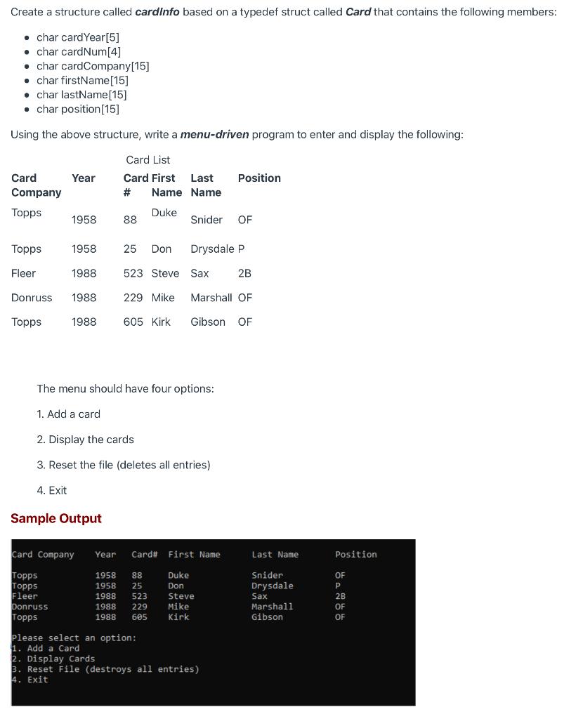 Solved create a program in C that uses a data structure and | Chegg.com