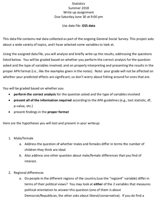 Statistics Summer 2018 Write up assignment Due | Chegg.com