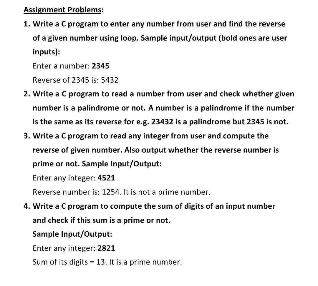 Solved Assignment Problems: 1. Write a C program to enter | Chegg.com
