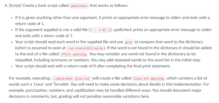 screech Sky væv Solved 4. (Script) Create a bash script called spellcheck | Chegg.com