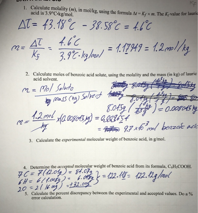 1. Calculate molality (m), in mol/kg, using the | Chegg.com