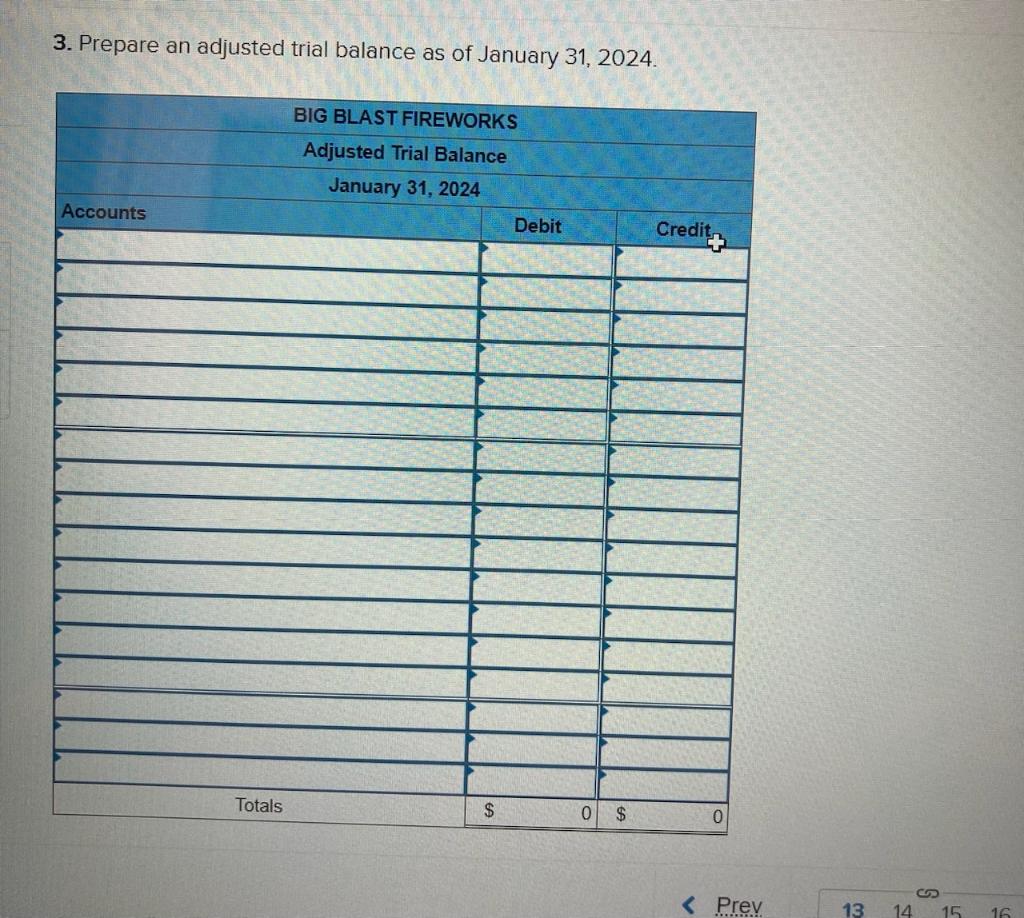 3. Prepare an adjusted trial balance as of January 31, 2024.