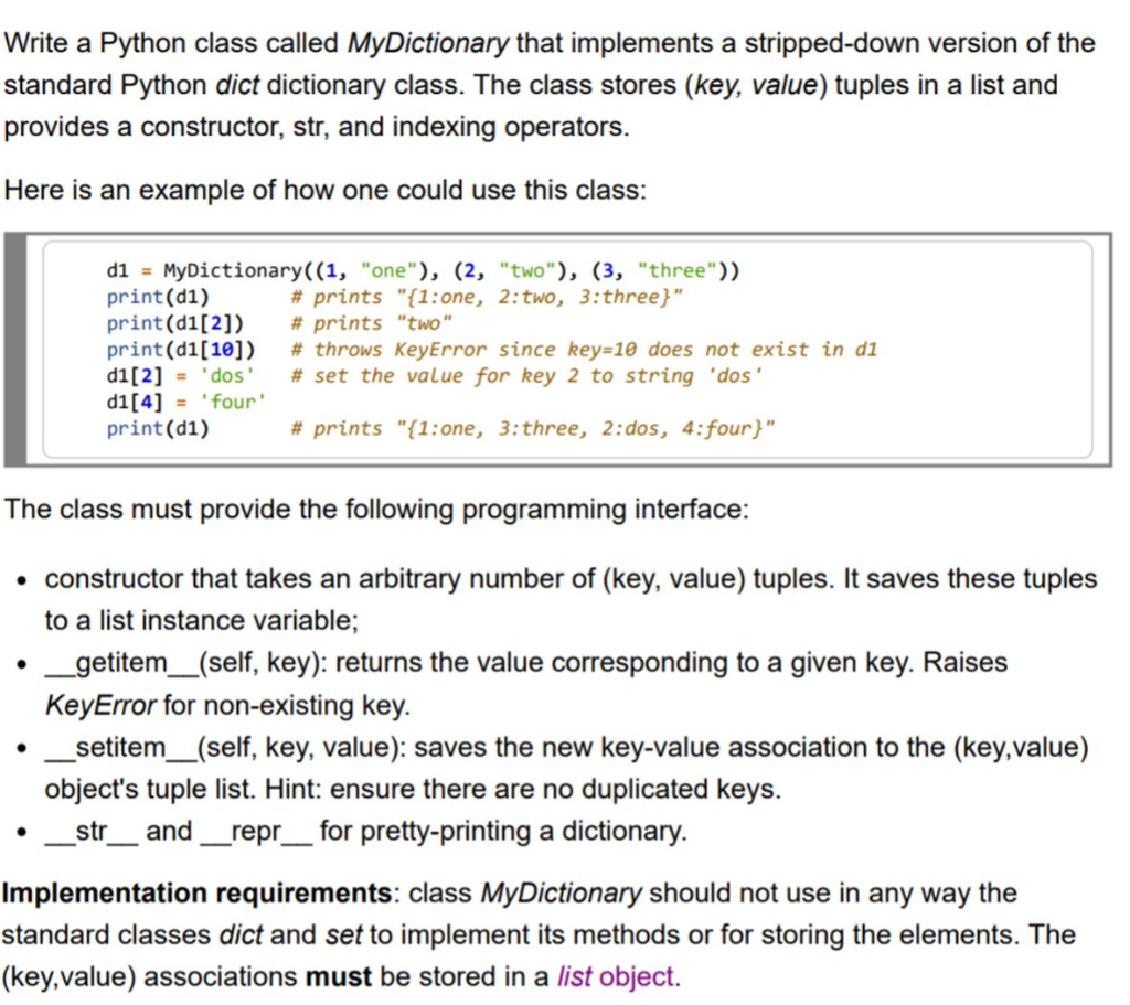 Solved Write a Python class called MyDictionary that  Chegg.com