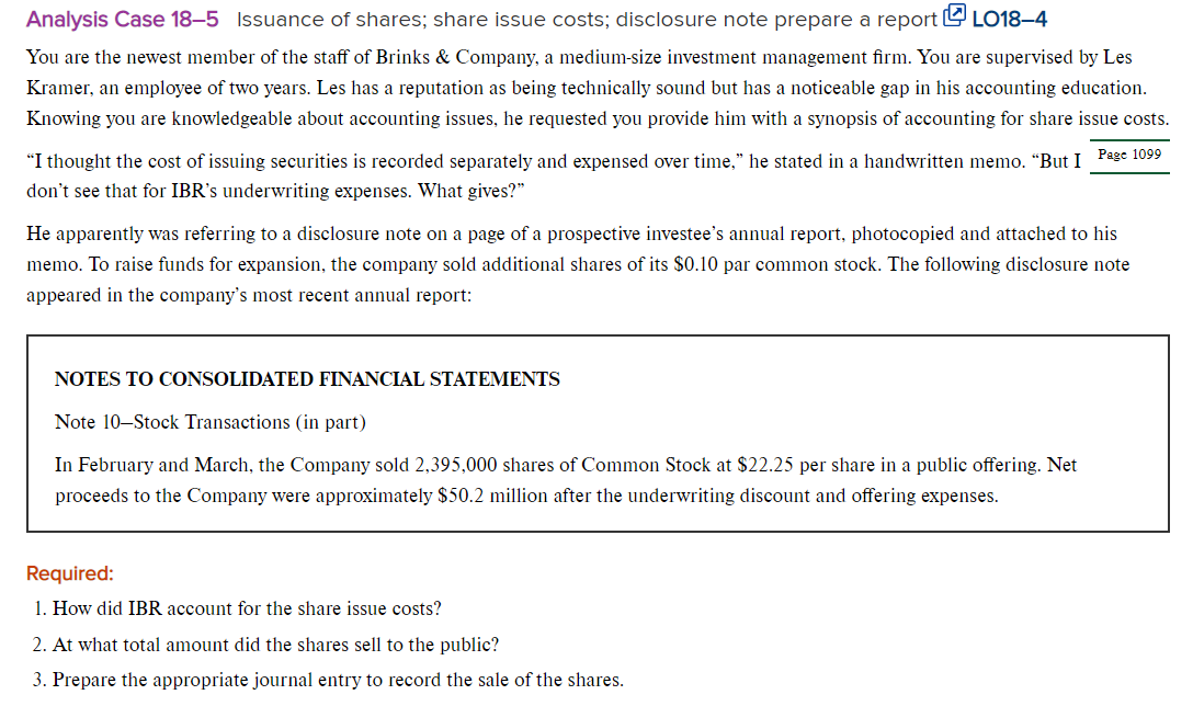 Analysis Case 18-5 Issuance of shares; share issue | Chegg.com