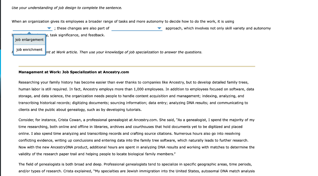 Solved Use your understanding of job design to complete the | Chegg.com