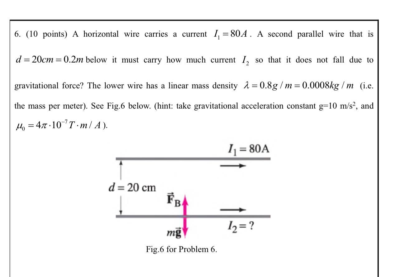 Solved 6. (10 points) A horizontal wire carries a current 11 | Chegg.com