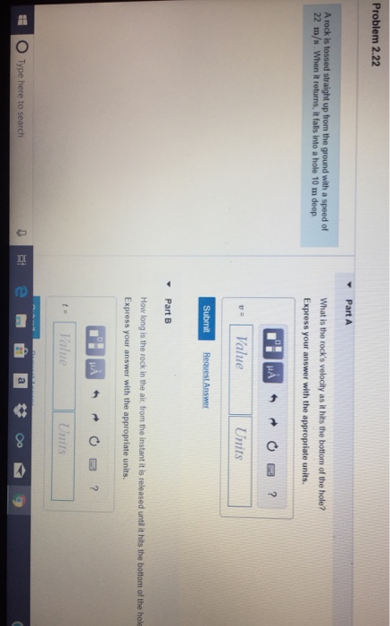 Solved Problem 2.22 Part A A rock is tossed straight up from | Chegg.com