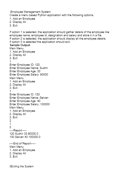 Solved Employee Management System Create a menu based Python | Chegg.com