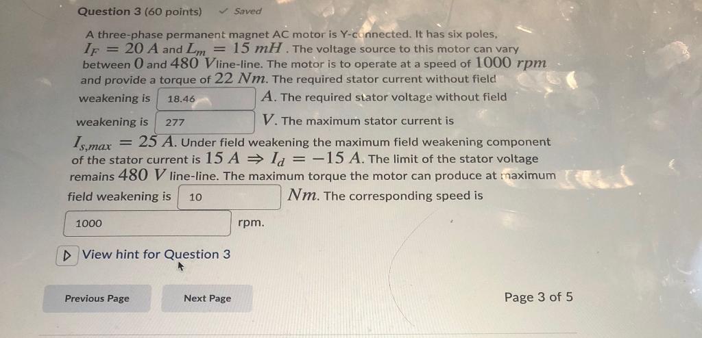 Solved Question 3 (60 points) Saved A three-phase permanent | Chegg.com