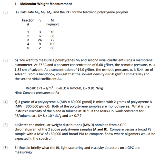 5 1 Molecular Weight Measurement A Calculate M Chegg Com