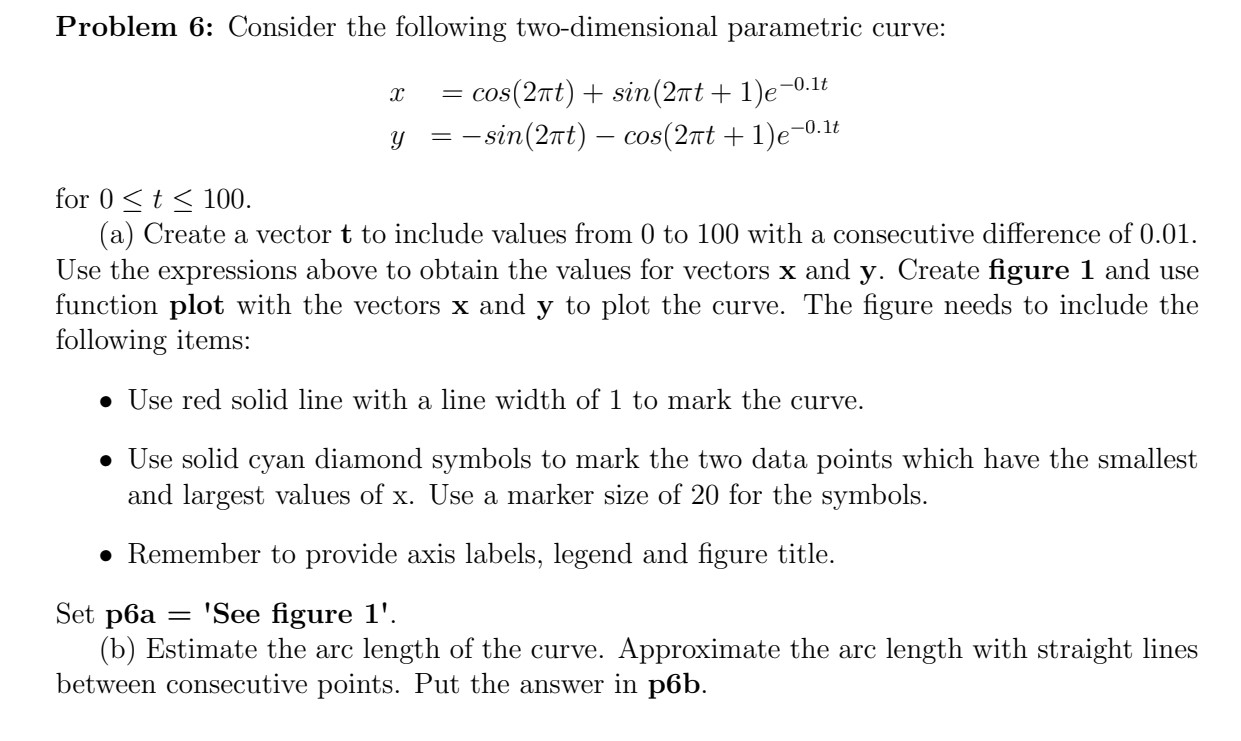 Problem 6: Consider the following two-dimensional parametric curve: x y = cos(24t) + sin(27t + 1)e-0.1t = -sin(2nt) – cos(27t