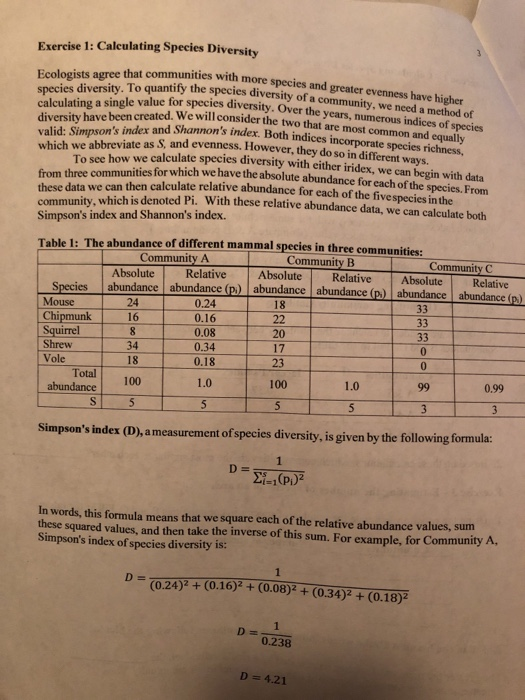 Solved Exercise 1Calculating Species Diversity 1. Calculate