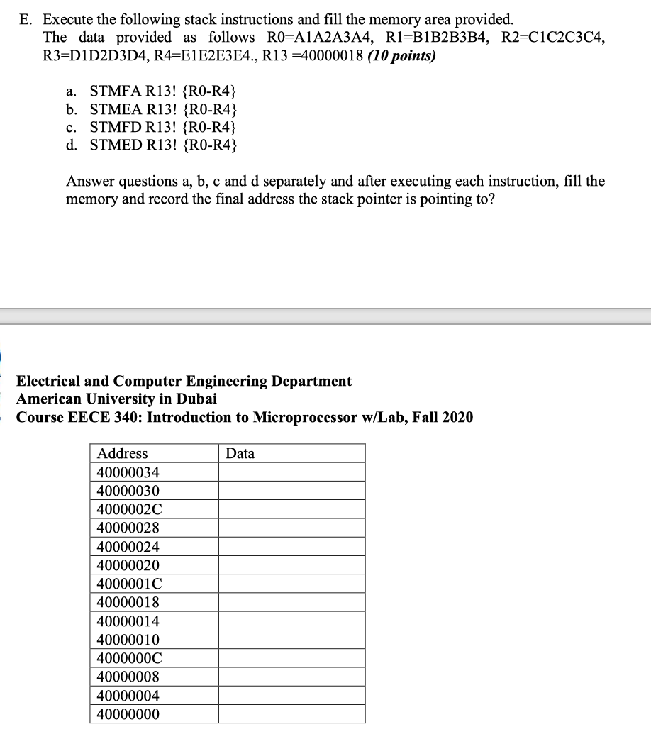 Solved E. Execute the following stack instructions and fill