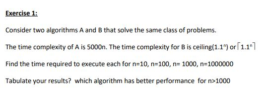 Solved Exercise 1: Consider Two Algorithms A And B That | Chegg.com