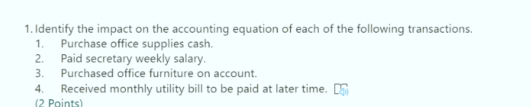 Solved 1. Identify the impact on the accounting equation of | Chegg.com