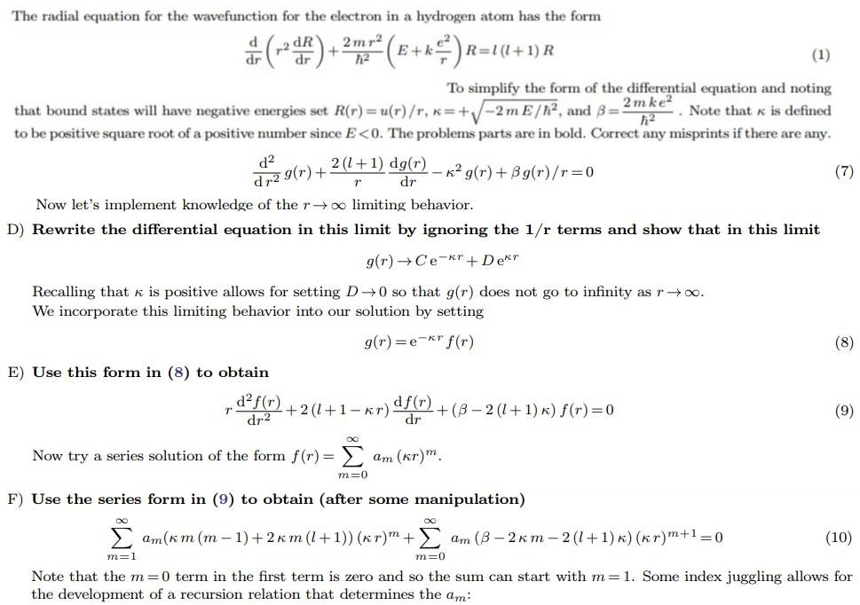 Solved The radial equation for the wavefunction for the | Chegg.com